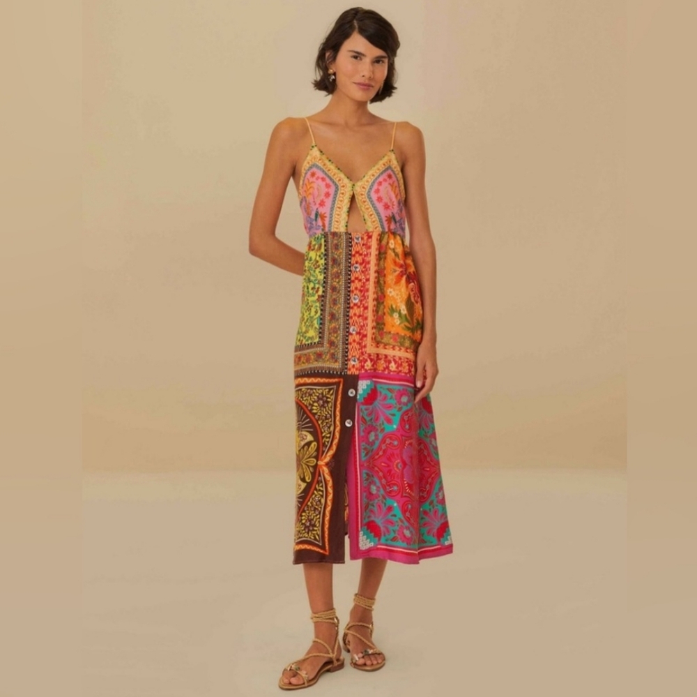 NWT Farm Rio Multicolor Mixed Scarves Ecovera midi dress